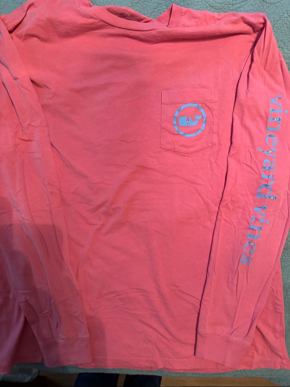Vineyard Vines Coral Pink Long Sleeve Pocket Tee with Light Blue Logo